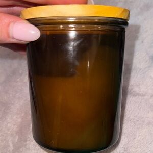 Amber Glass Handmade Ocean air and bonfire scented candle with wooden lid
